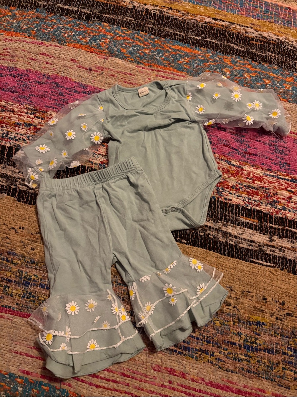 Baby Girls Sage Green Daisy Ruffle Bottoms Set